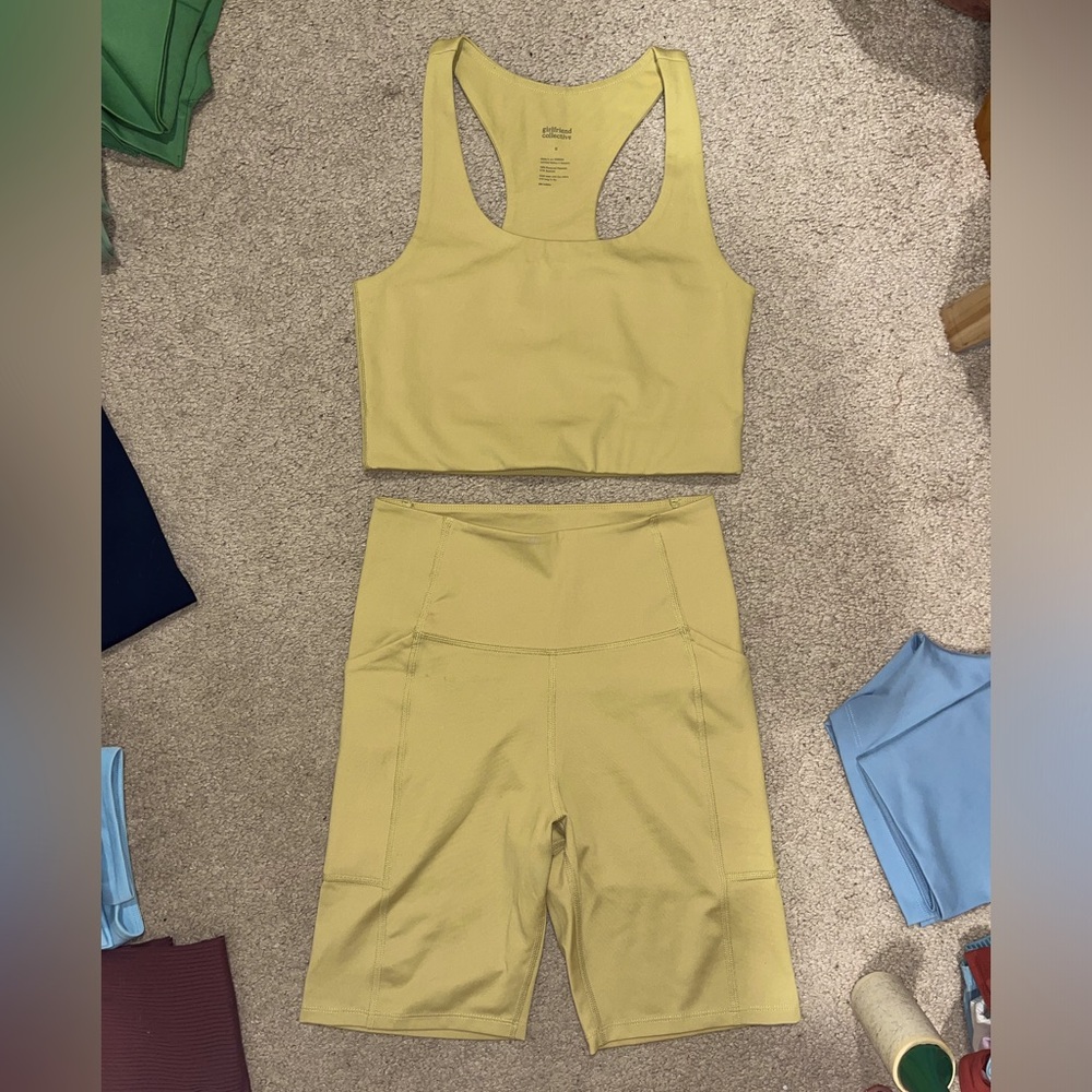Girlfriend Collective Paloma Bra and Pocket Bike Shorts in Pear